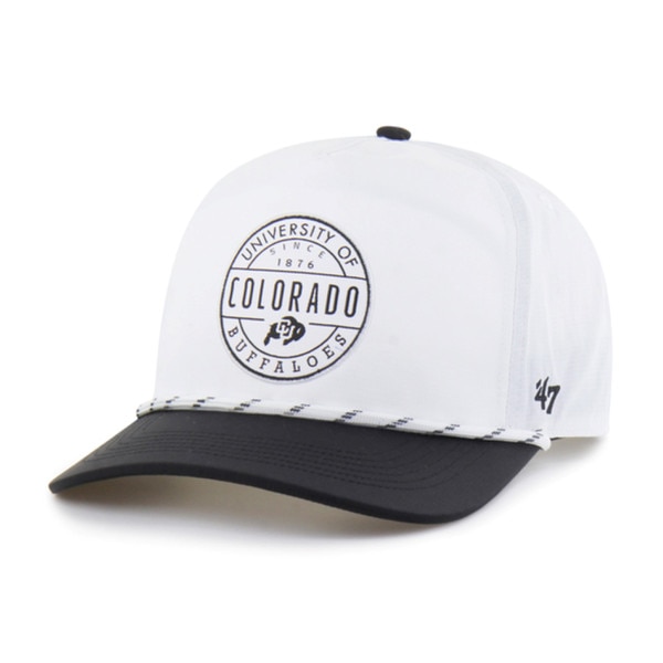 CU Boulder white and black adjustable hat with circular University of Colorado Buffaloes logo on front